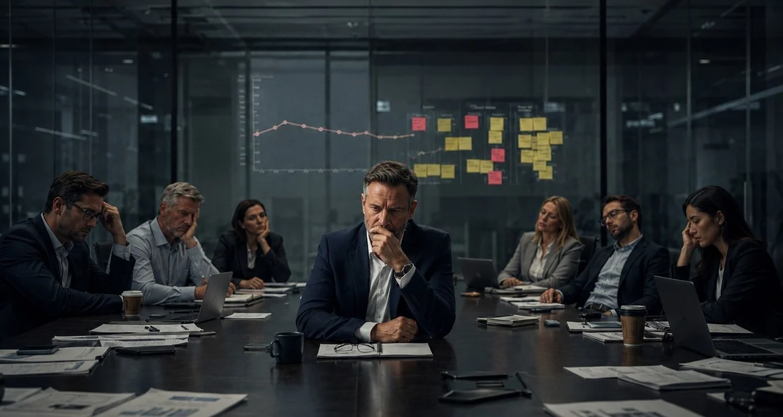 Central businessman in suit ponders at a long conference table while colleagues work around him; charts and sticky notes on a glass wall in the background.